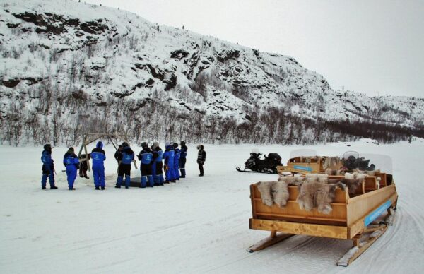 Safari del cangrejo real en invierno en Laponia Noruega