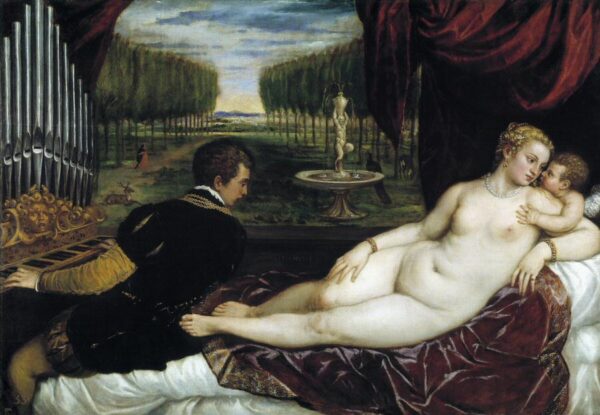 Venus con el Amor y la Música, de Tiziano, en la exposición del Hermitage