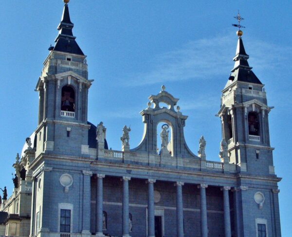 Towers and terrace of the Almudena cathedral in Madrid